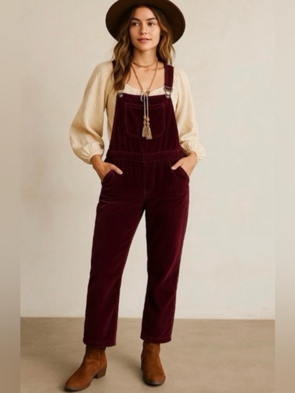 Free People Wine Velvet Overalls